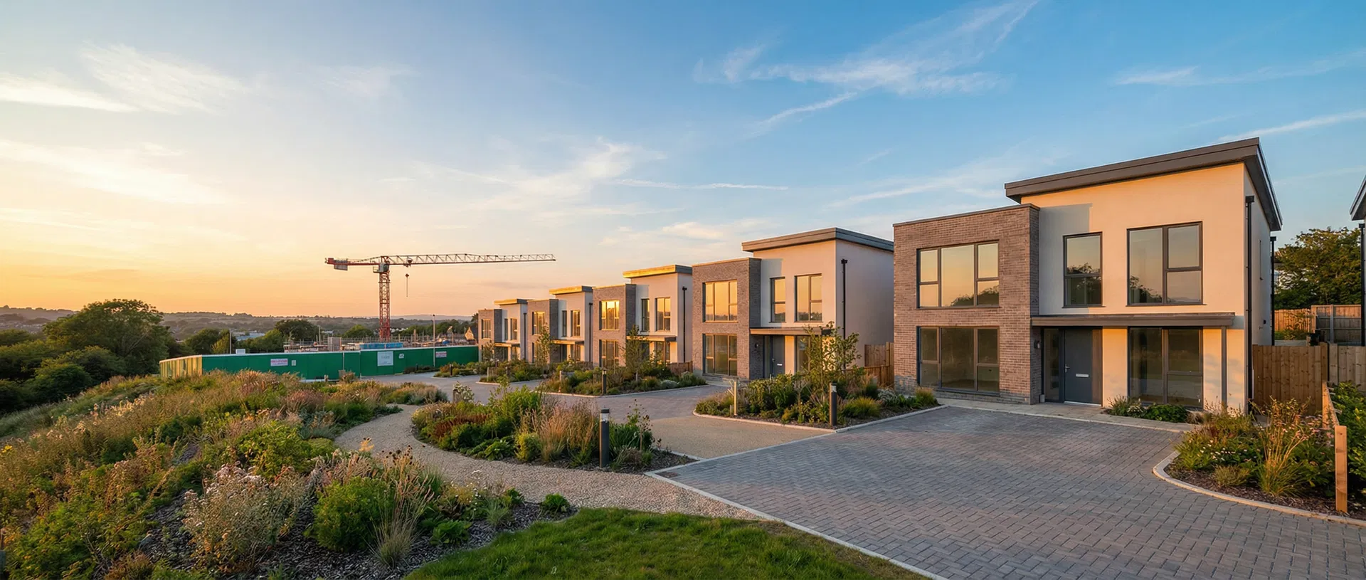 New build housing development at golden hour