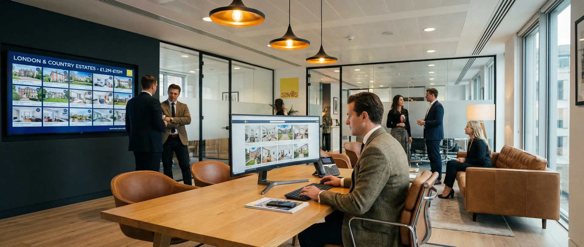 Modern estate agency office with property listings