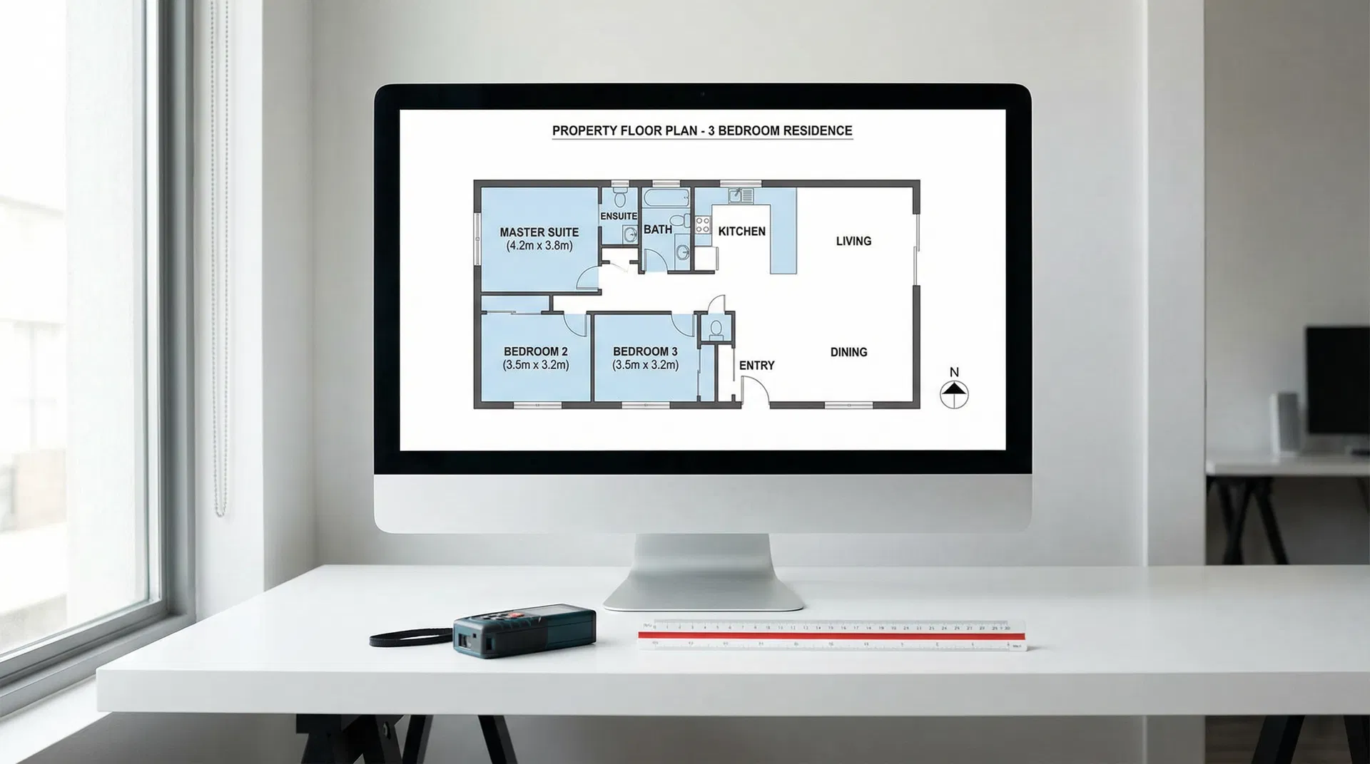 Professional property floor plan displayed on a monitor with laser measuring tools