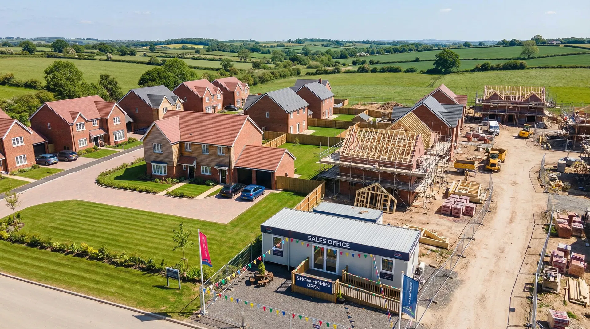 Drone aerial view of new build development under construction