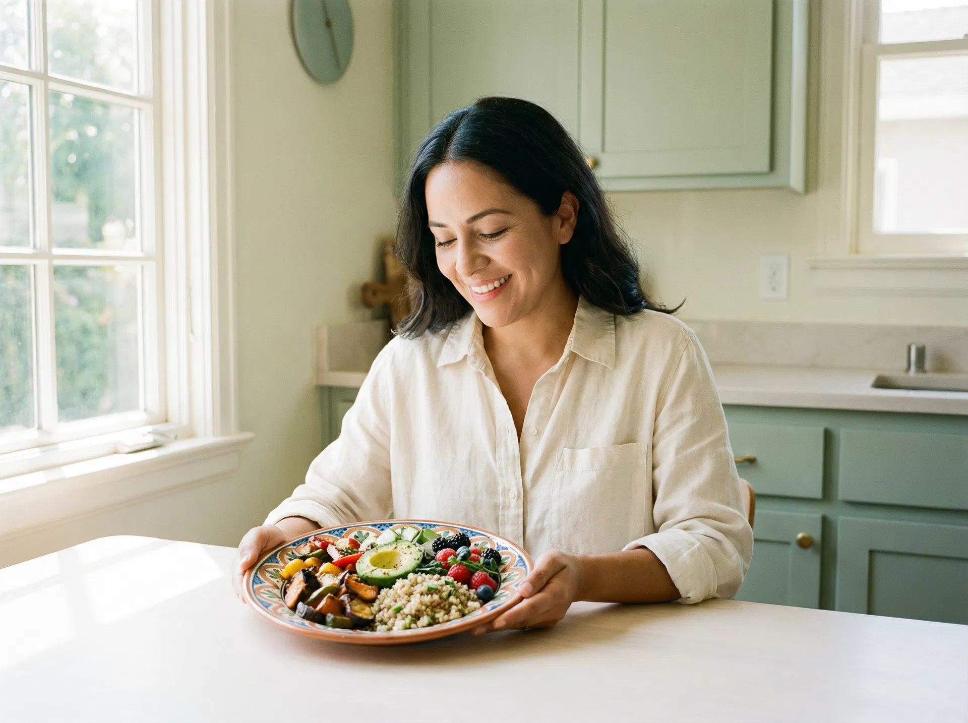 Mujer latina disfrutando una comida colorida y saludable