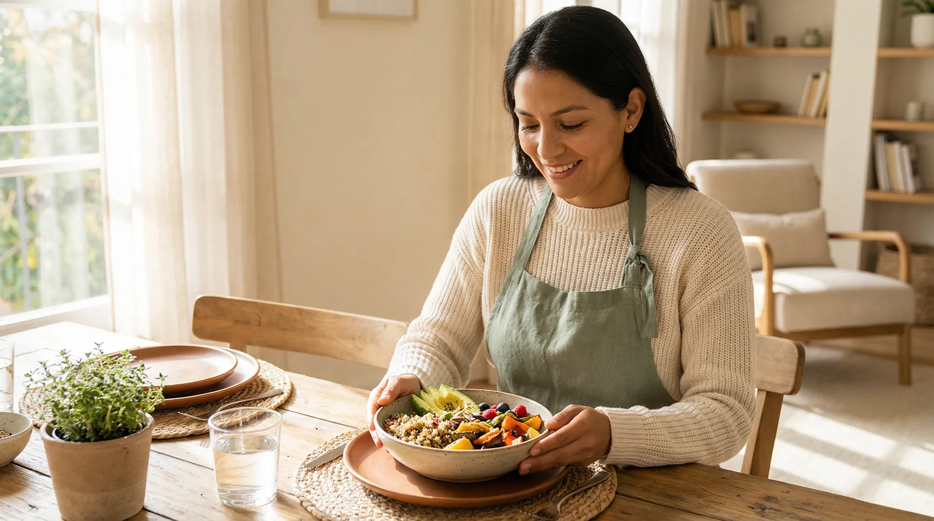 Mujer latina disfrutando una comida saludable con paz y alegría