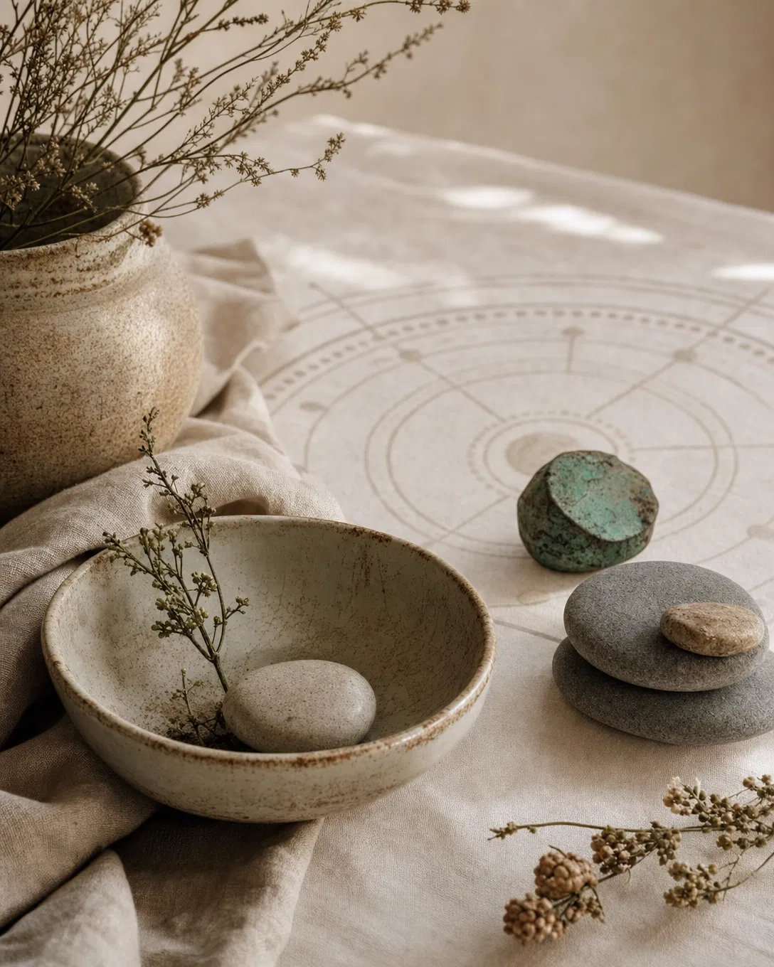 Ceremonial altar with linen, stones, botanical stems, and a quiet ritual diagram