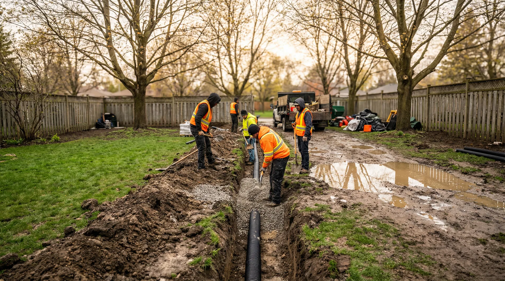 Landscaping crew installing a French drain system in a Burlington backyard in April, perforated pipe in a gravel-lined trench with standing water visible in the background