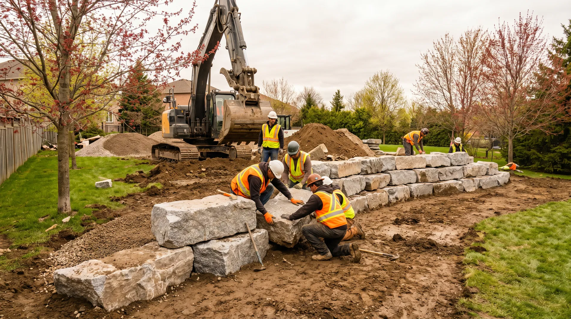 Crew building an armourstone retaining wall in a Burlington residential backyard in mid-April, excavator in background, fresh spring foliage on surrounding trees