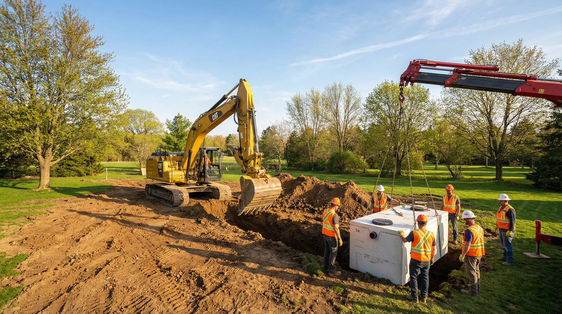 Septic system installation in Burlington Ontario showing a CAT excavator and crew lowering a concrete septic tank into a large excavated trench on a bright spring day