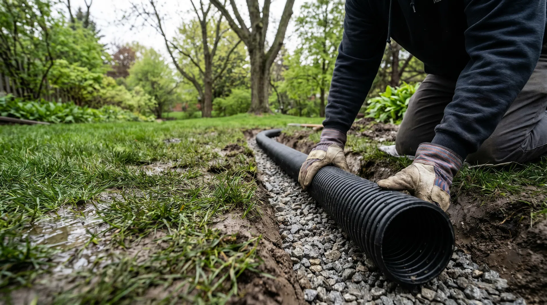 Close-up of a French drain installation in a Burlington Ontario backyard, perforated pipe being laid in a gravel-filled trench, wet lawn visible beside the trench, spring foliage in background