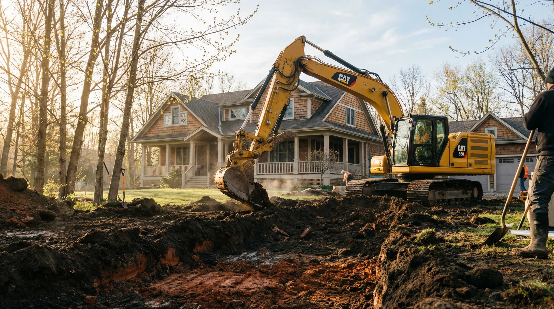 CAT excavator digging into rich dark earth at a residential property in early spring Ontario with golden morning light through budding trees