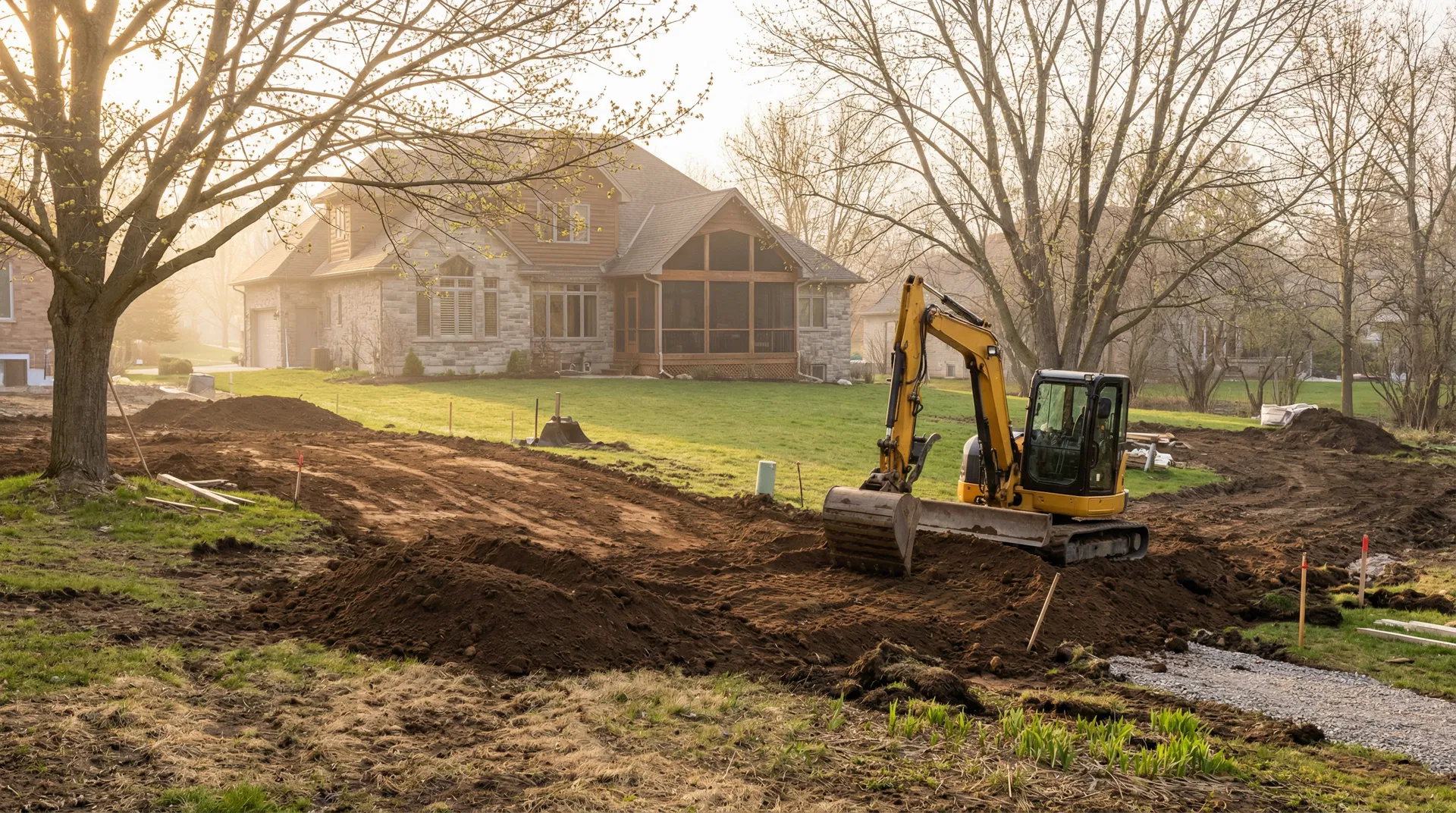 Spring landscape construction project in Burlington Ontario showing excavation and grading work with a compact excavator in golden morning light