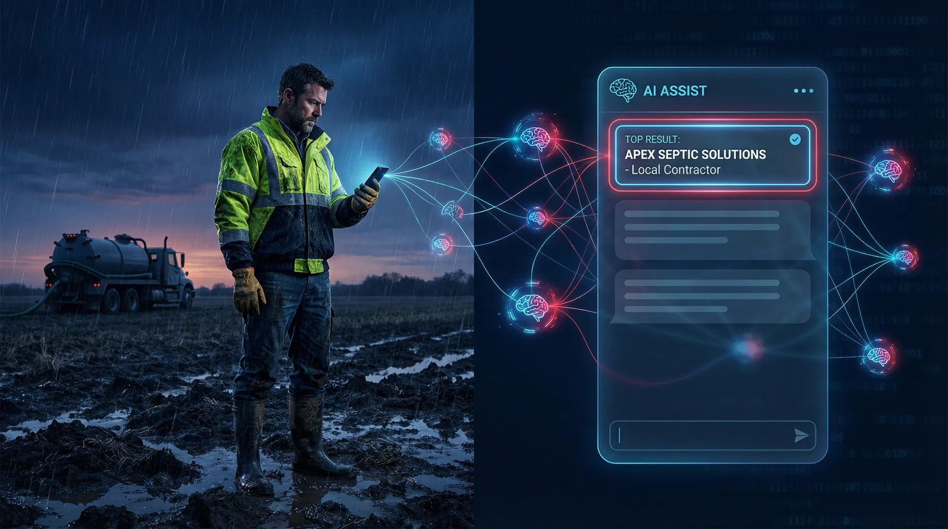 Contractor in the field with AI chat interface showing his business as top result