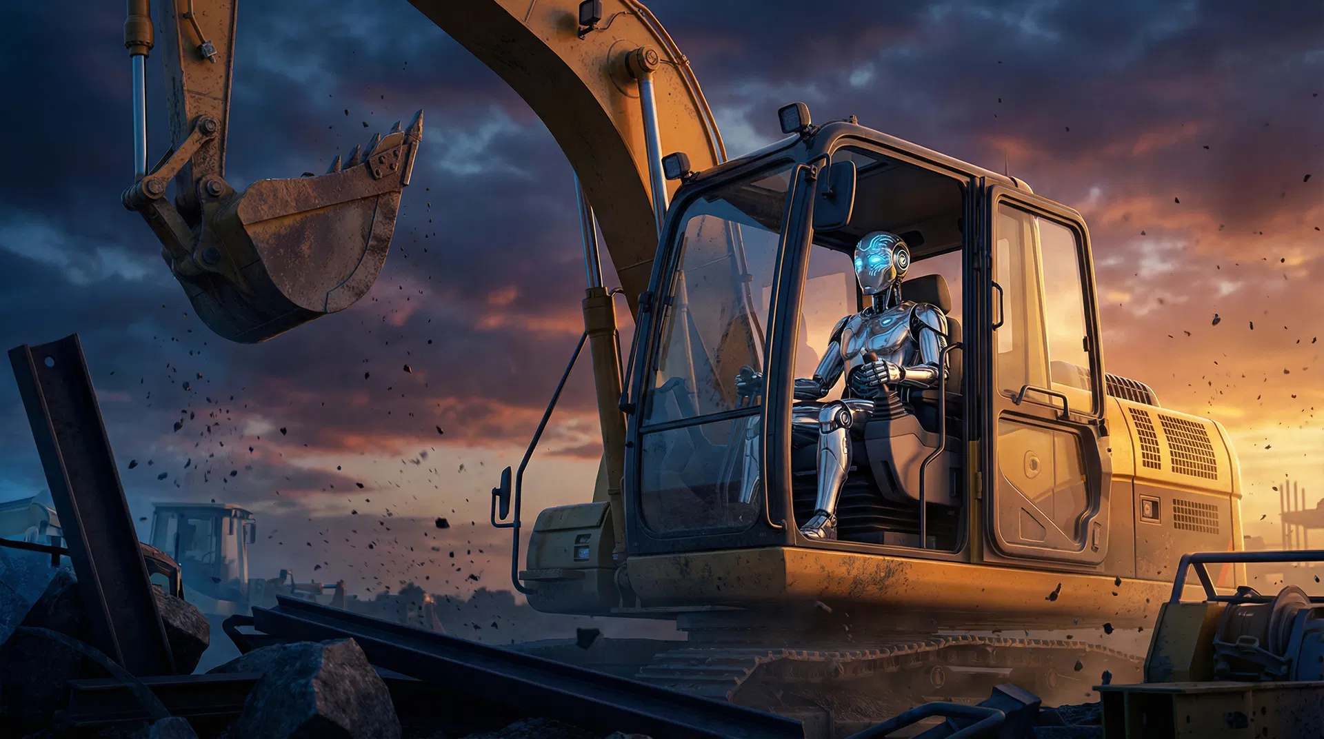 AI robot operating an excavator at dusk