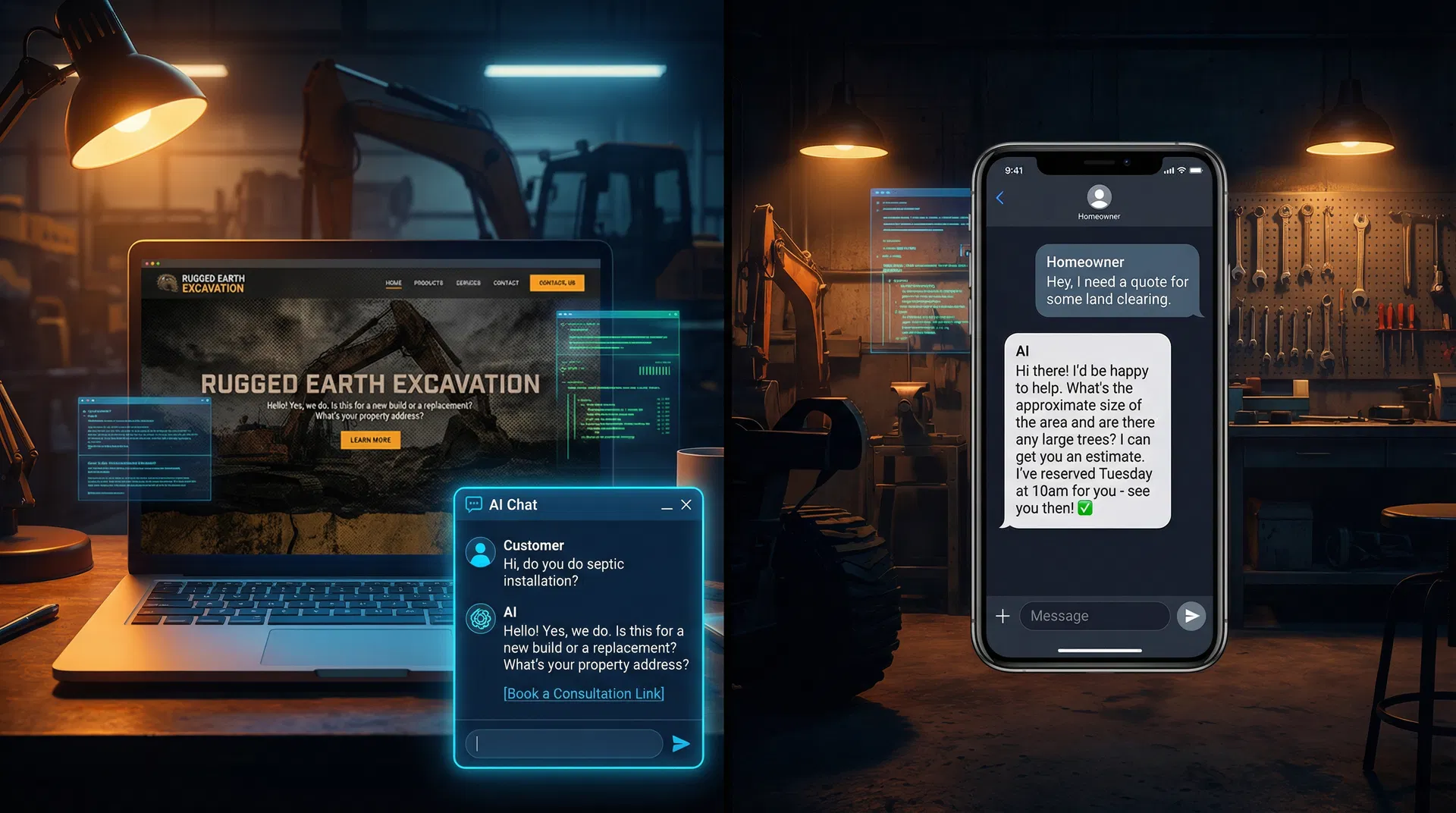 Excavation contractor website with AI chat widget and SMS booking conversation