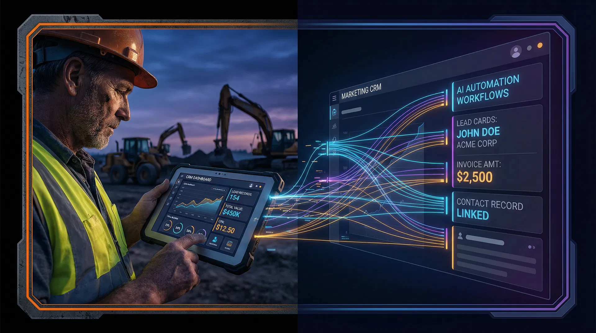Excavation contractor reviewing CRM marketing dashboard with revenue attribution data