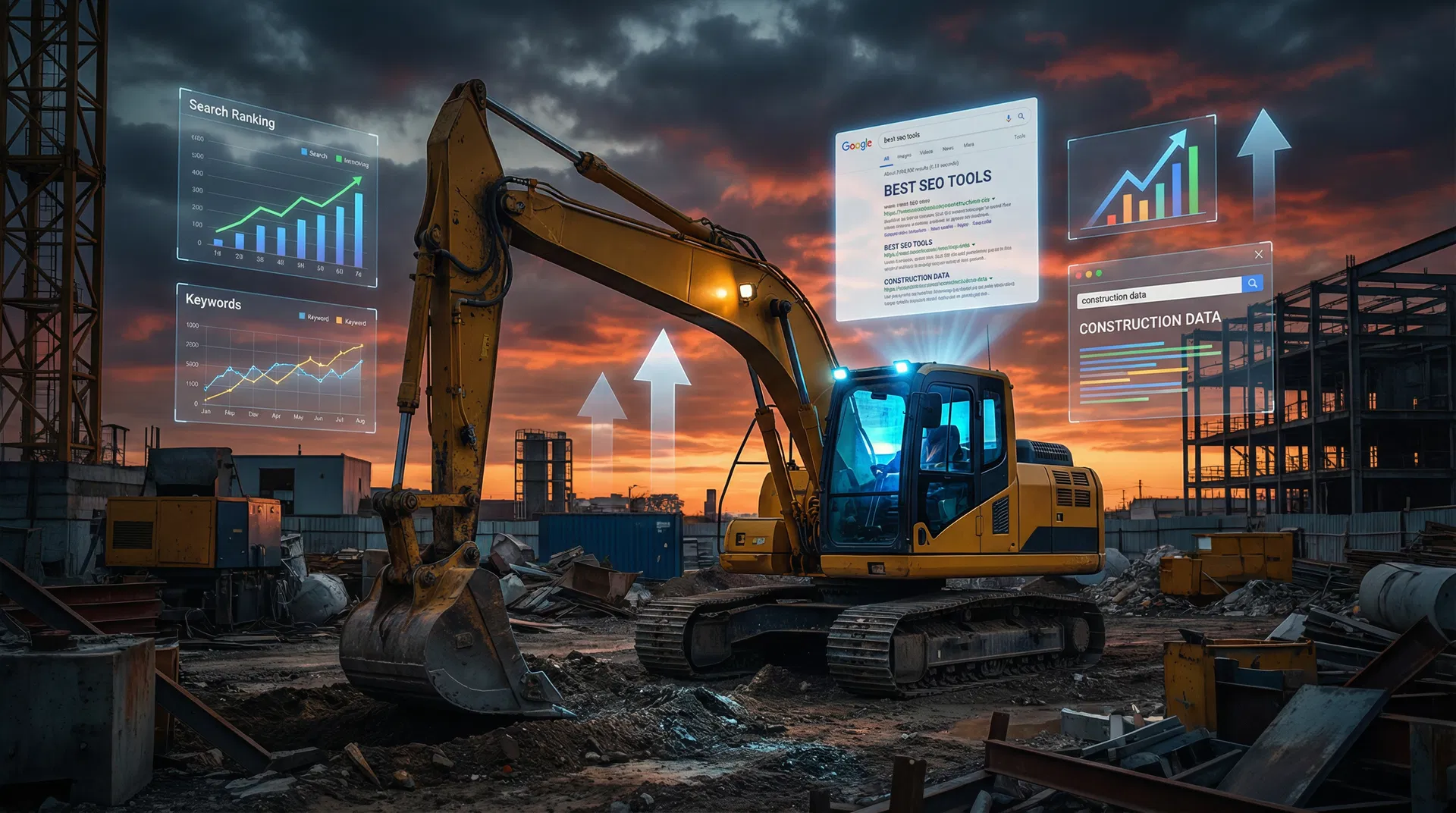 Excavator at a construction site with holographic SEO data overlays