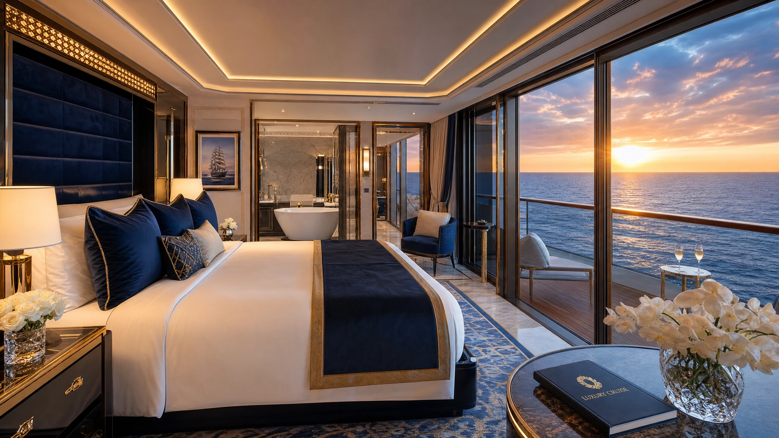 Suite penthouse de luxe à bord d'un navire de croisière — vue panoramique sur l'océan — CroisièresDeluxe.com
