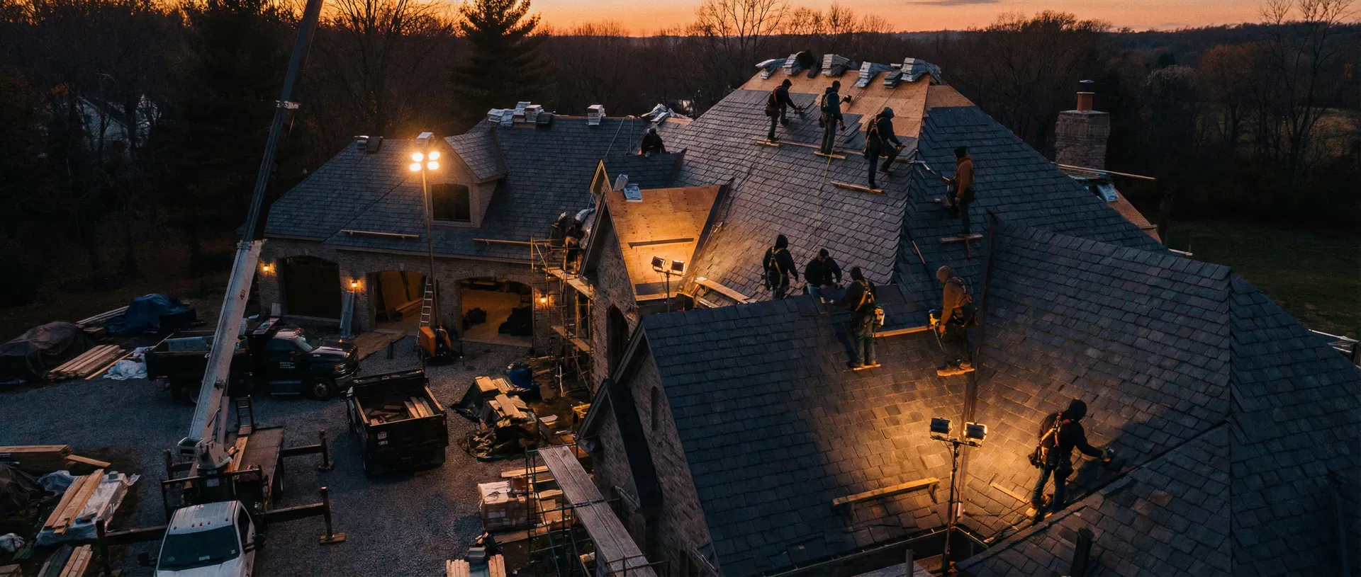 Roofing crew working at dusk