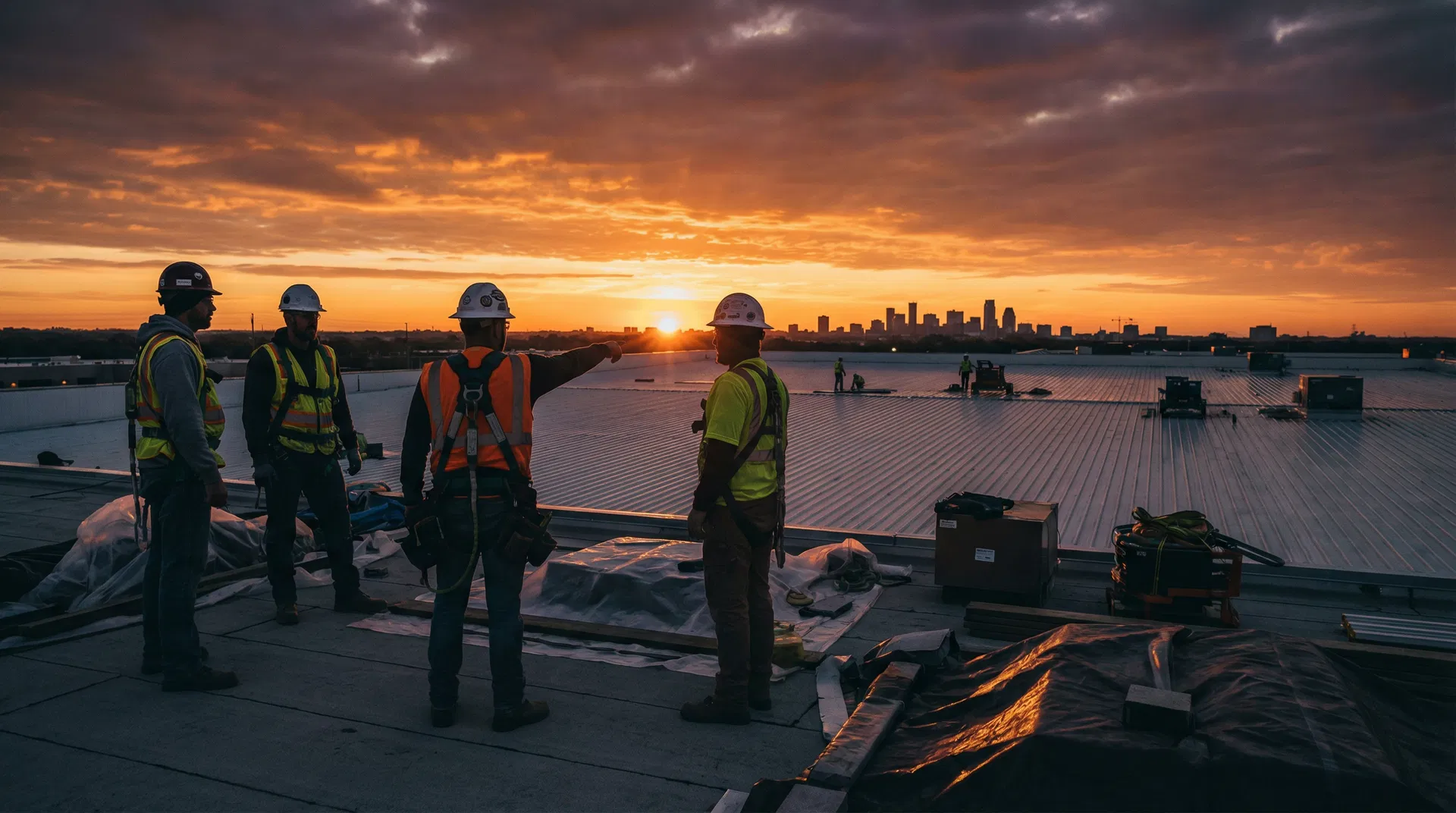 Roofing crew at sunrise