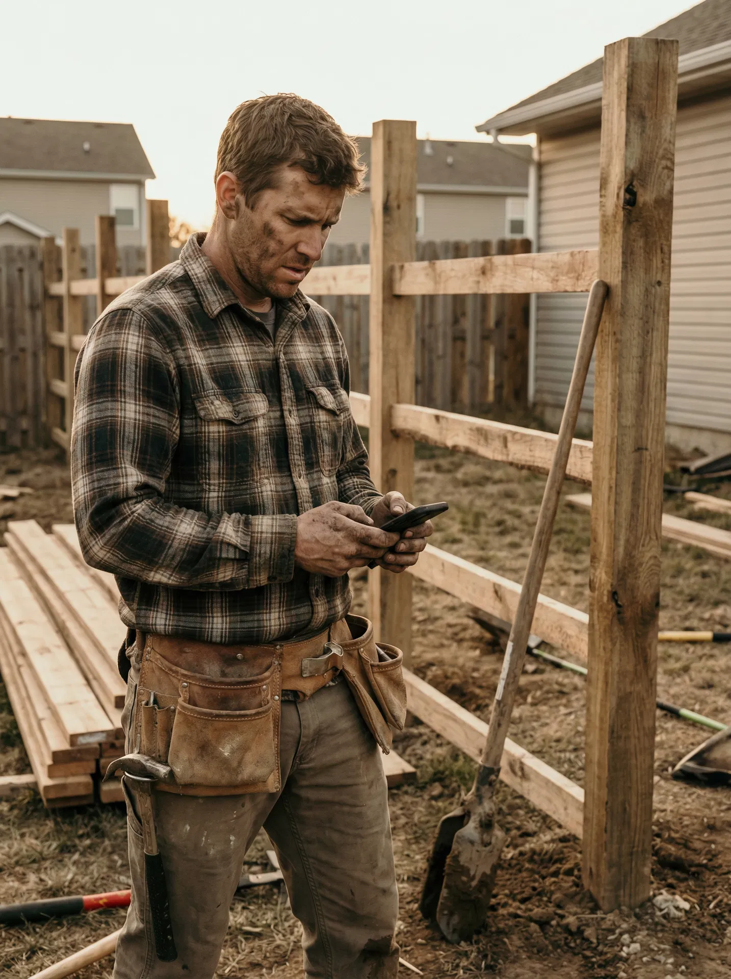 Fence contractor checking full calendar on phone