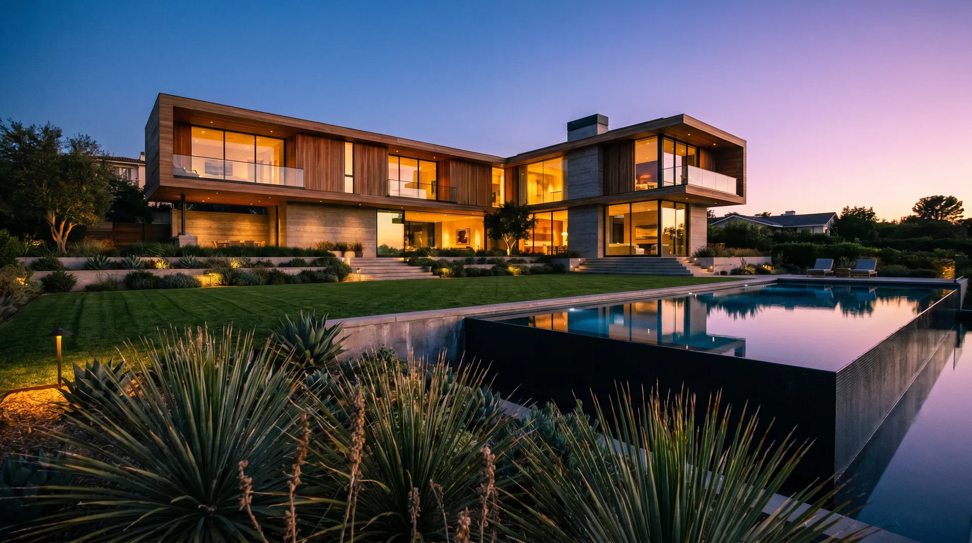Modern luxury home at twilight