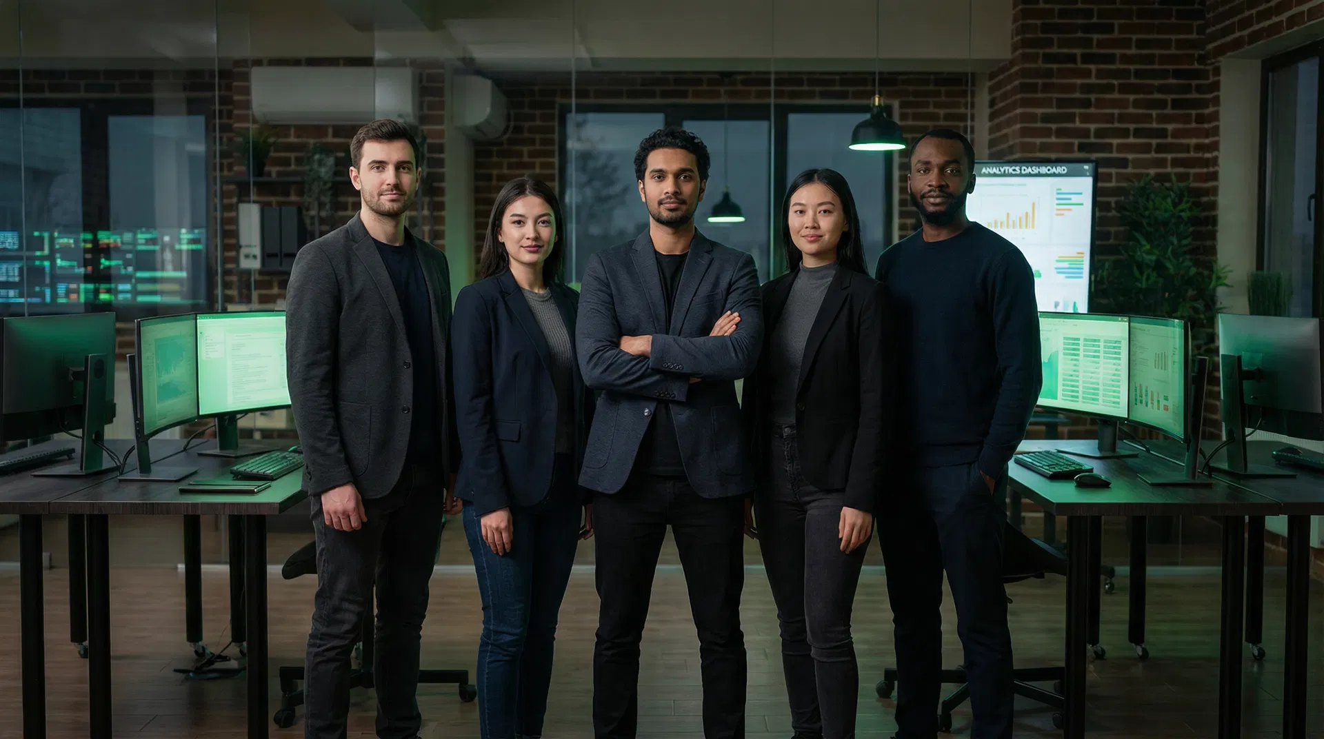 The JobsFlowing team in their tech-forward office with analytics dashboards