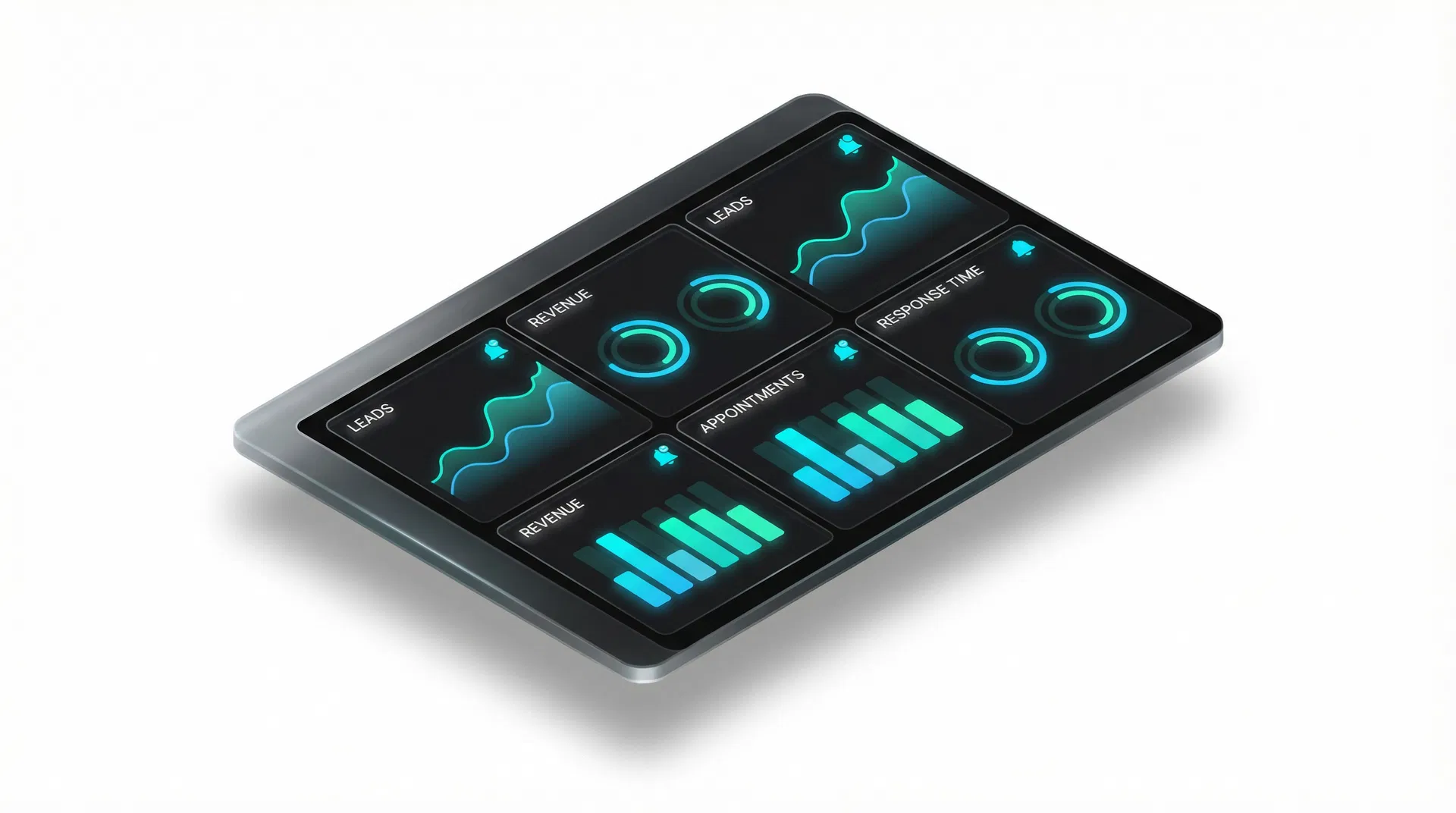 AI-powered marketing dashboard showing leads, revenue, appointments, and response time analytics