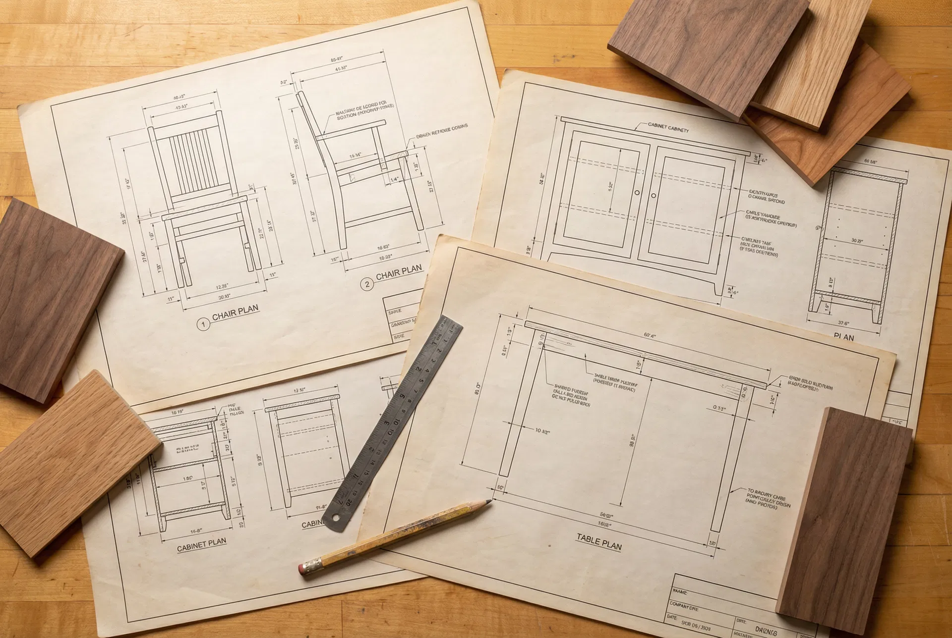 Detailed woodworking blueprints and plans spread across a workbench