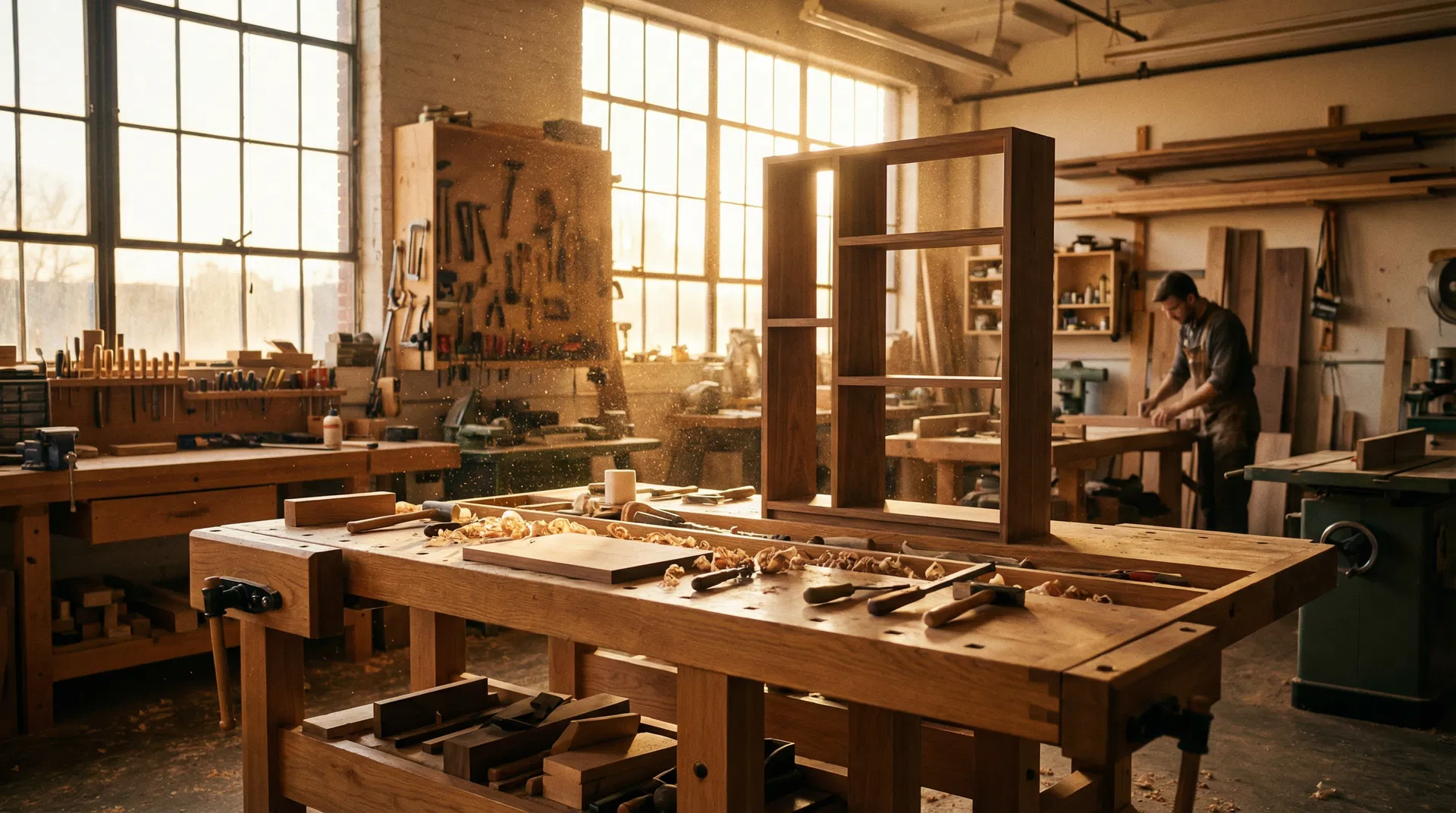 Woodworking workshop at golden hour