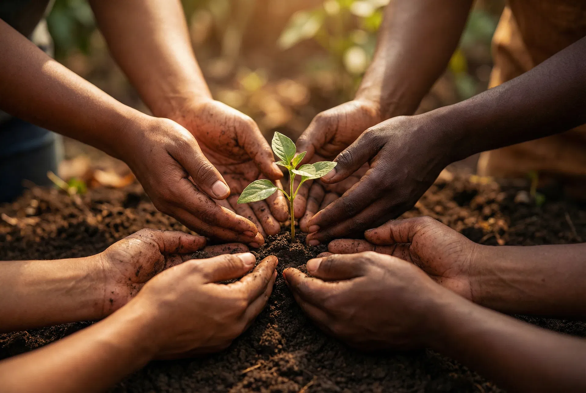 Black and Brown hands nurturing a seedling — a symbol of Bronx community growth