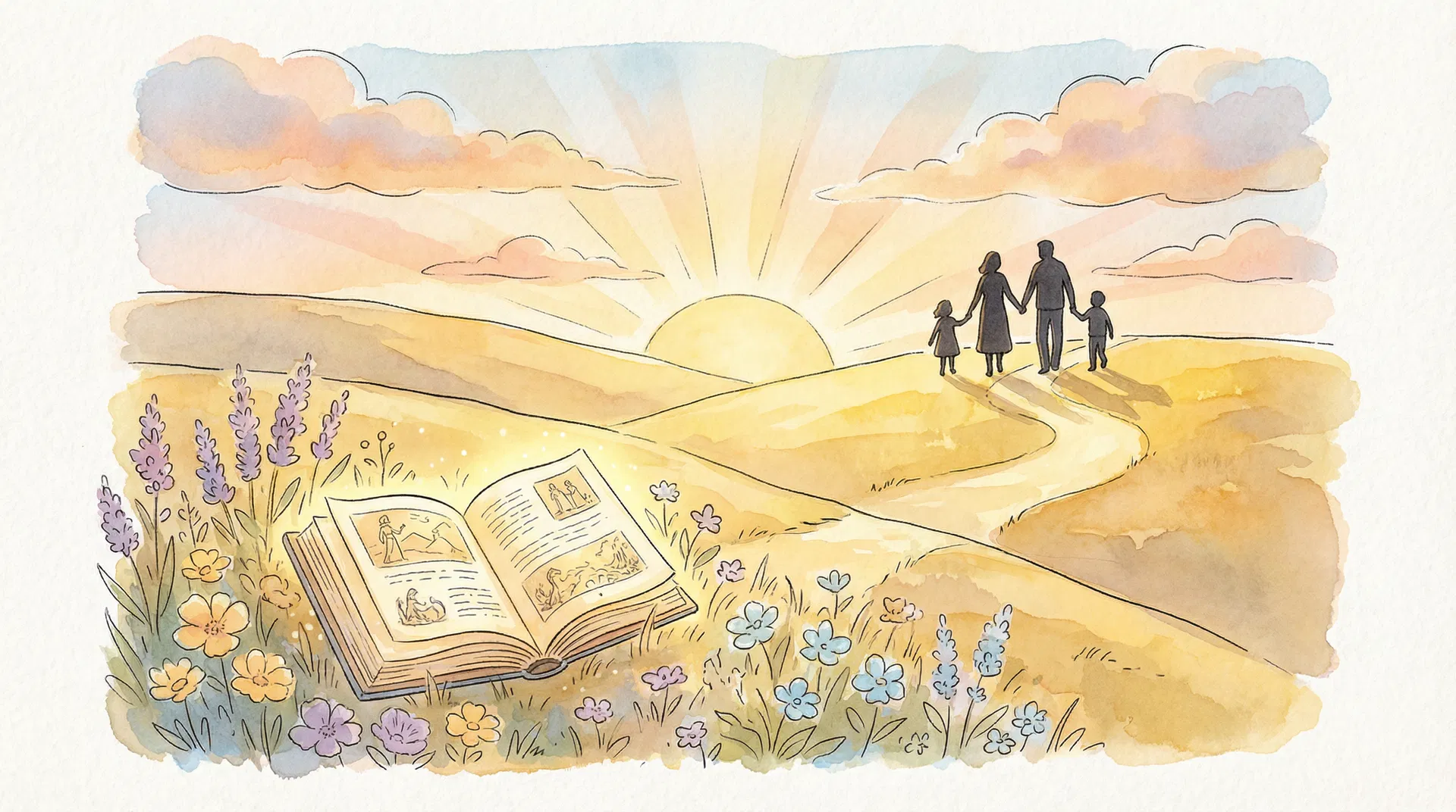 Familia caminando hacia la luz con una Biblia abierta