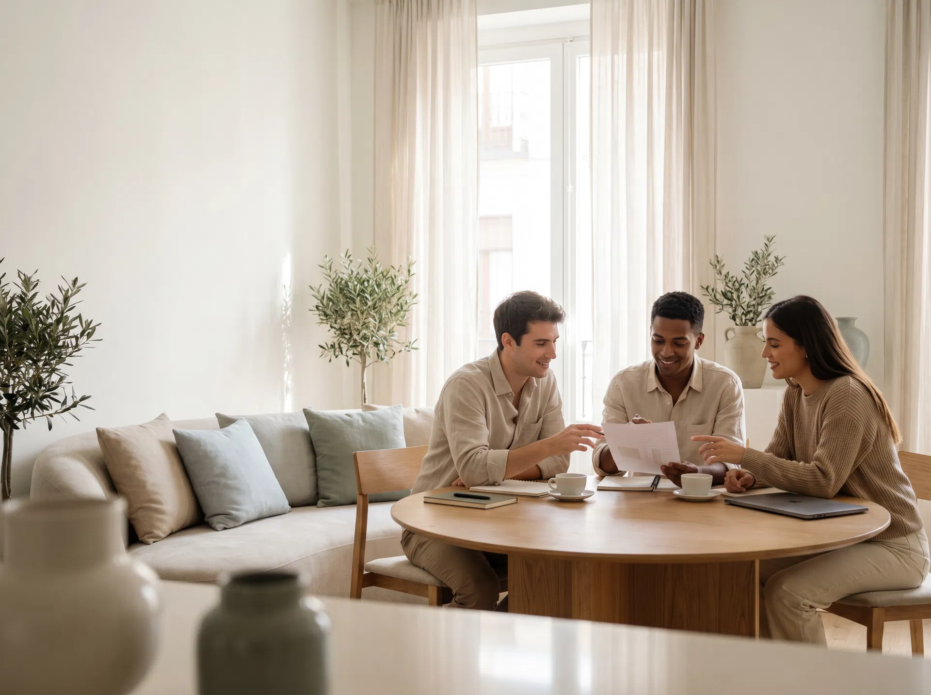 Tres futuras compañeras y compañeros de piso conversando en un salón luminoso