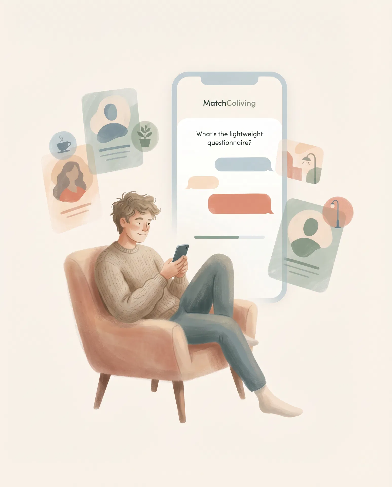 Ilustración editorial del onboarding de MatchColiving.com