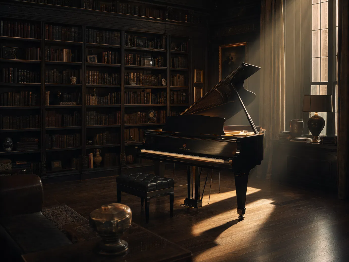 Grand piano in an elegant library - where literature meets music