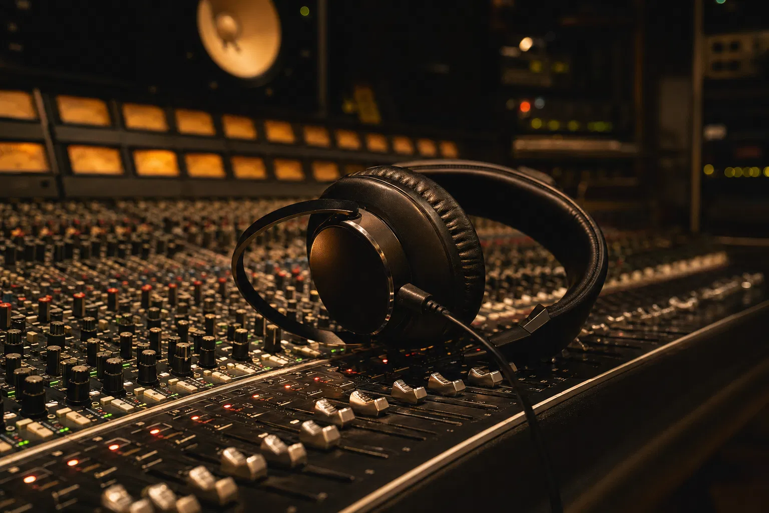 Professional headphones on mixing console