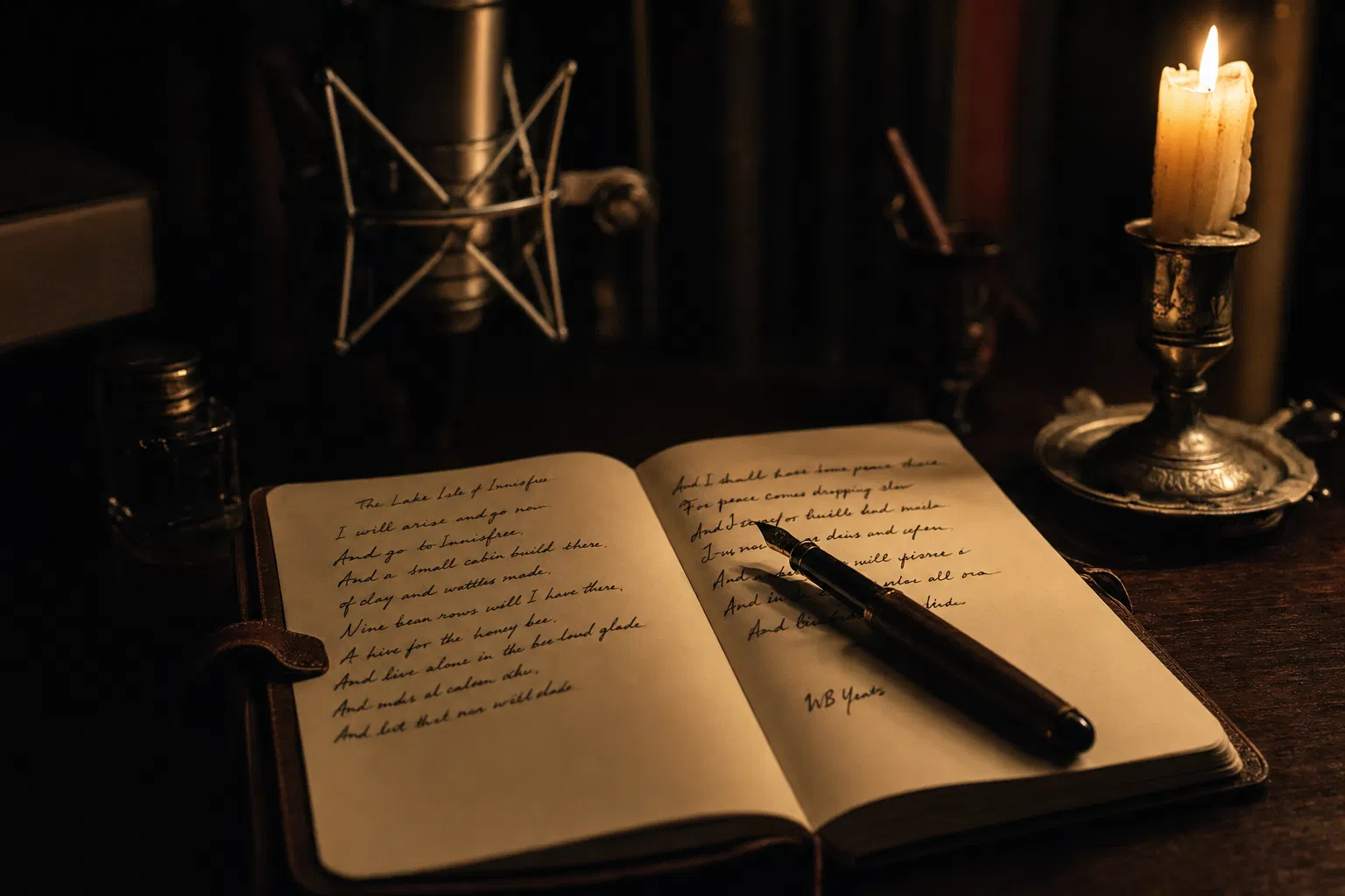 Songwriting desk with notebook and fountain pen
