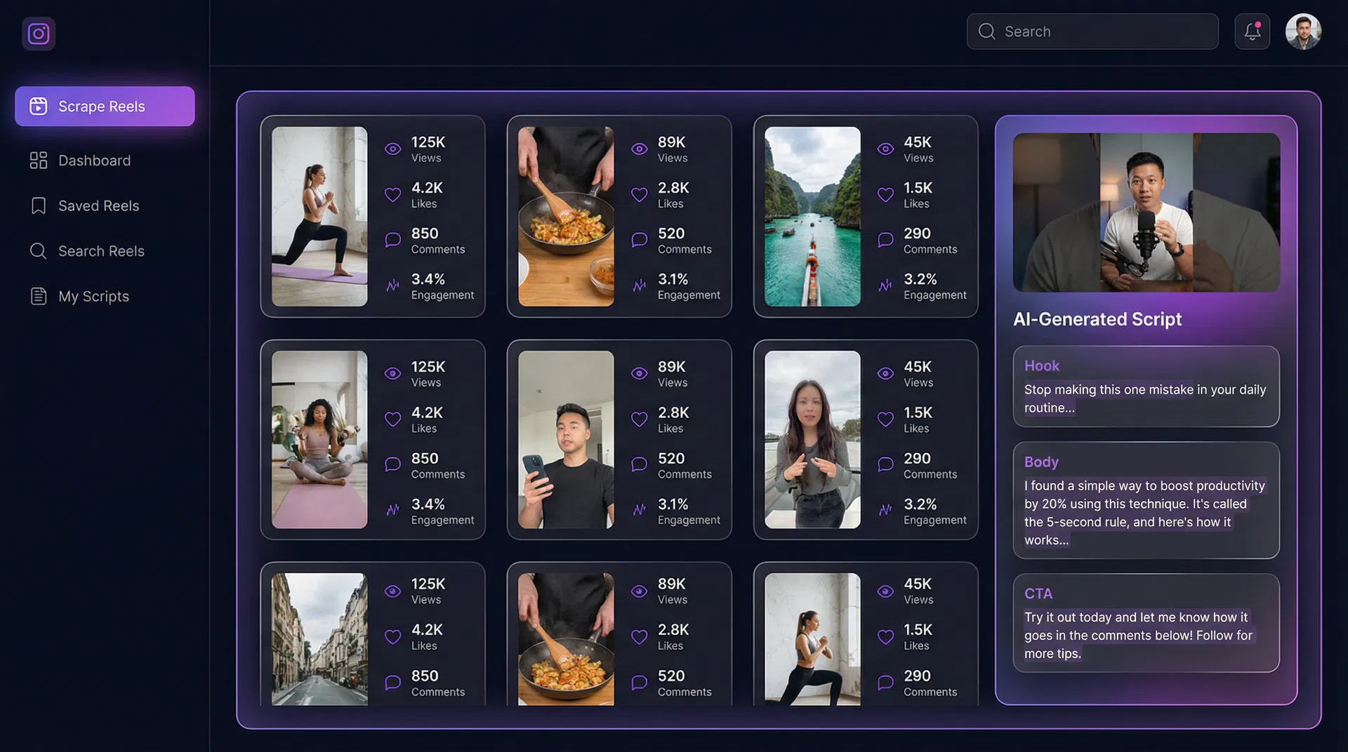 SpyReels — scrape, analyze, and re-create viral Instagram content