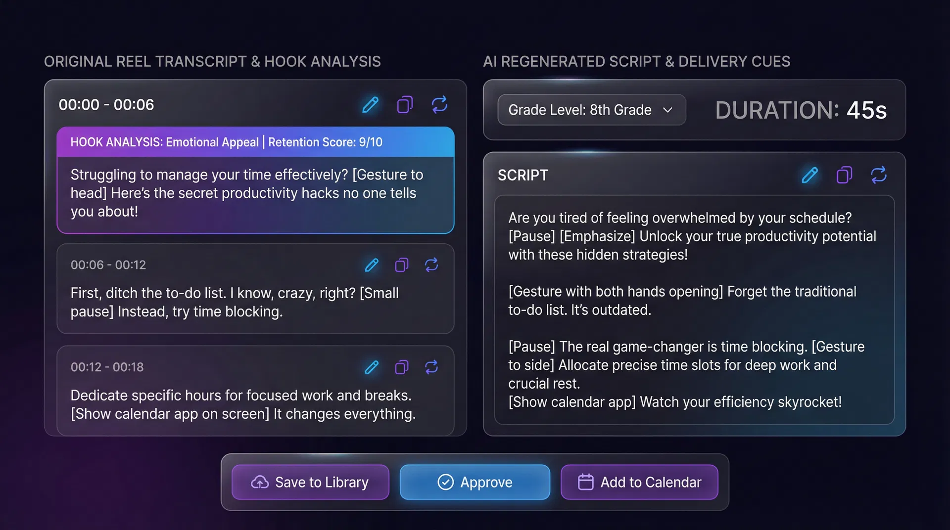 AI script re-creation workflow — transcript to original script with delivery cues