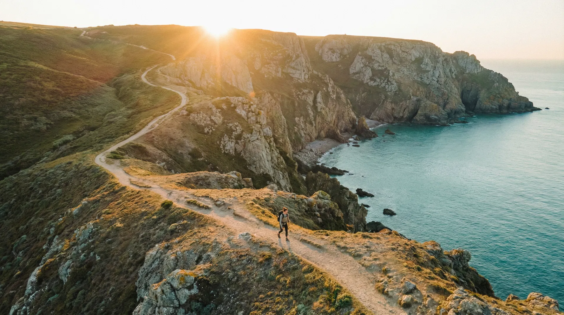 A path forward along a coastal cliff at sunrise