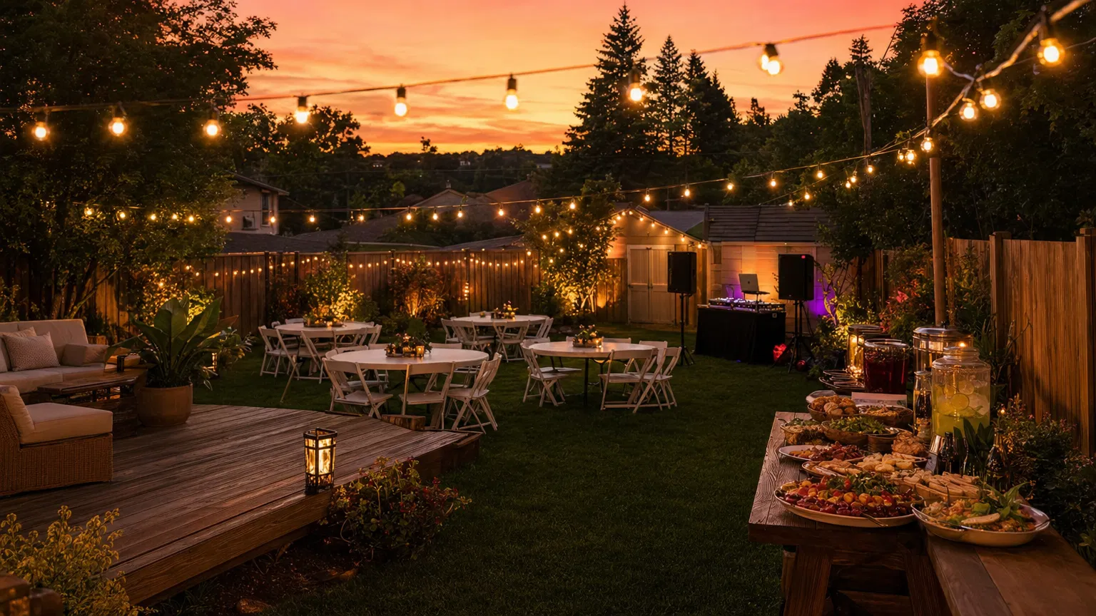 Backyard celebration setup with string lights, DJ booth, food spread, and seating