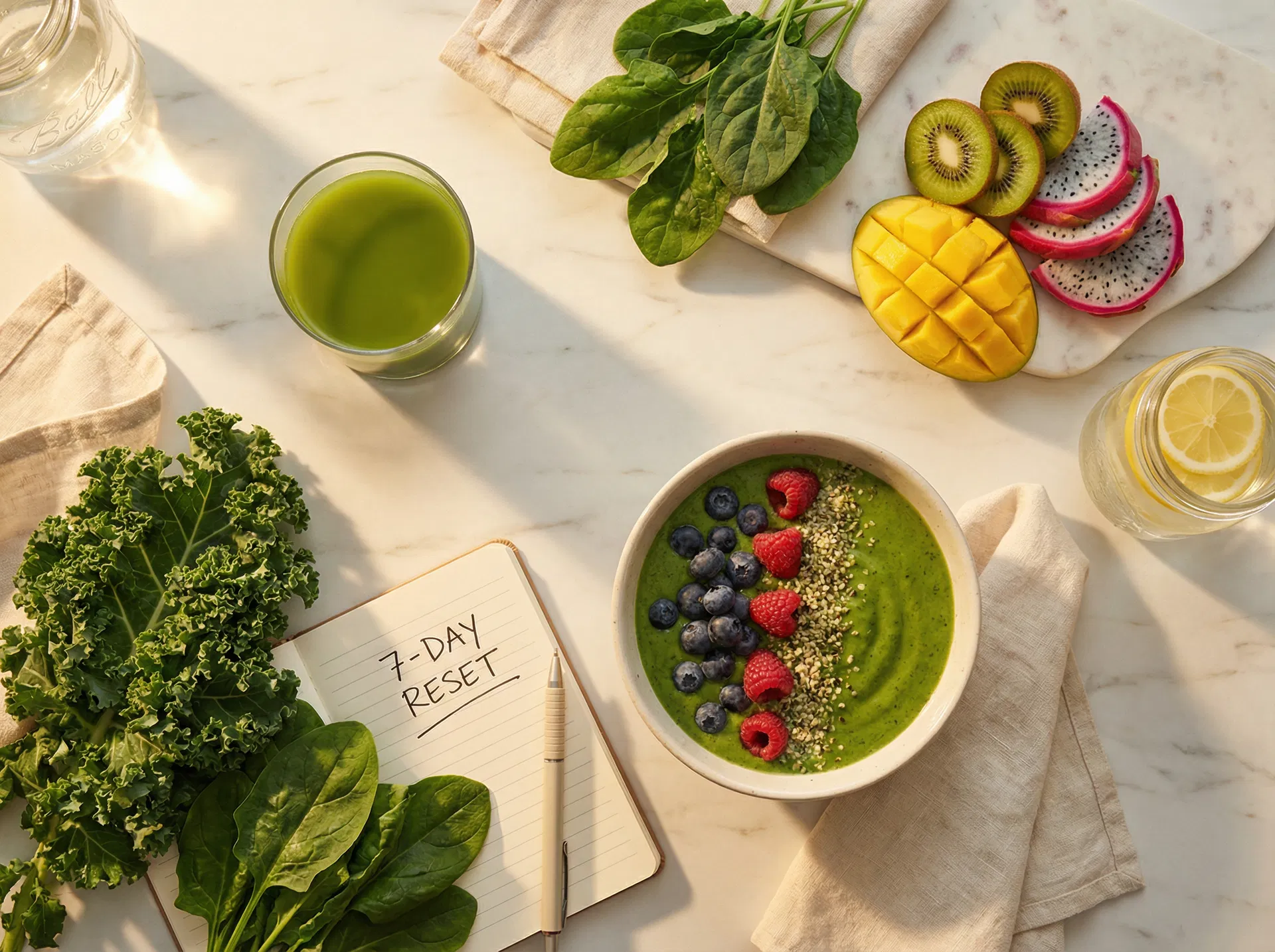 Fresh raw vegan spread — smoothie bowls, juices, and tropical fruits