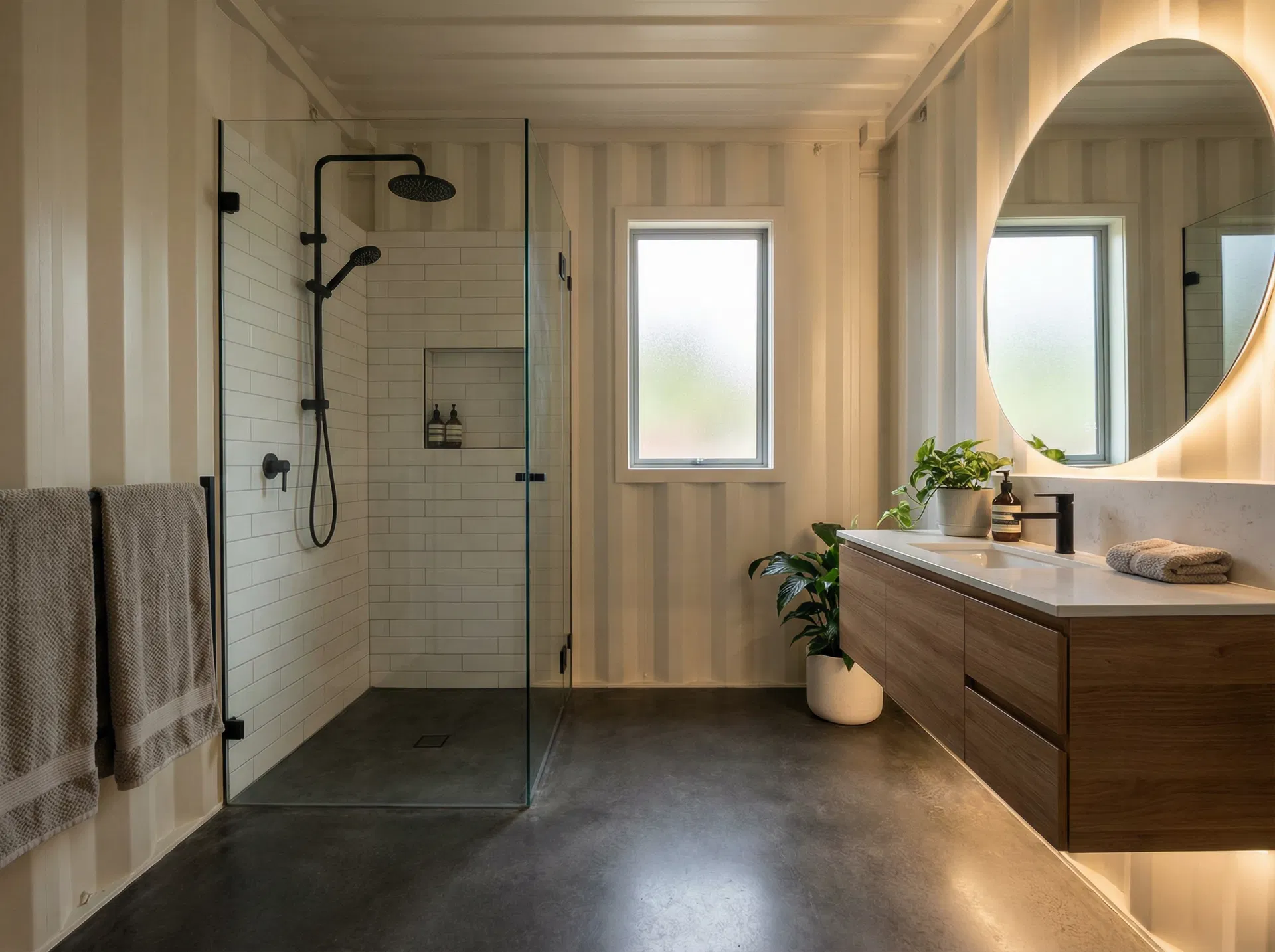 Minimalist bathroom with rain shower and floating vanity