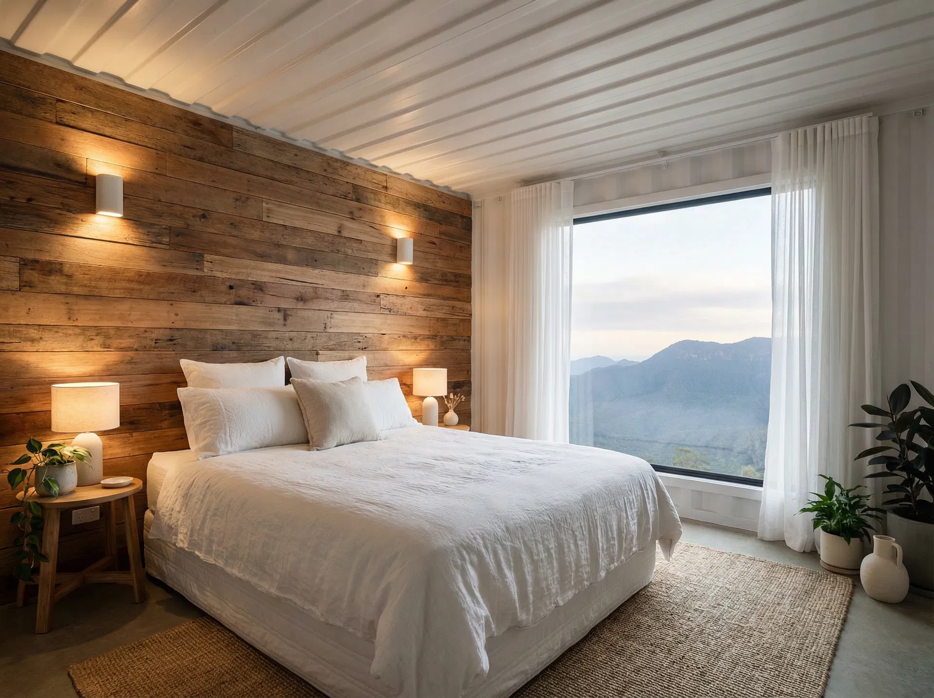 Serene bedroom with timber accent wall and mountain view