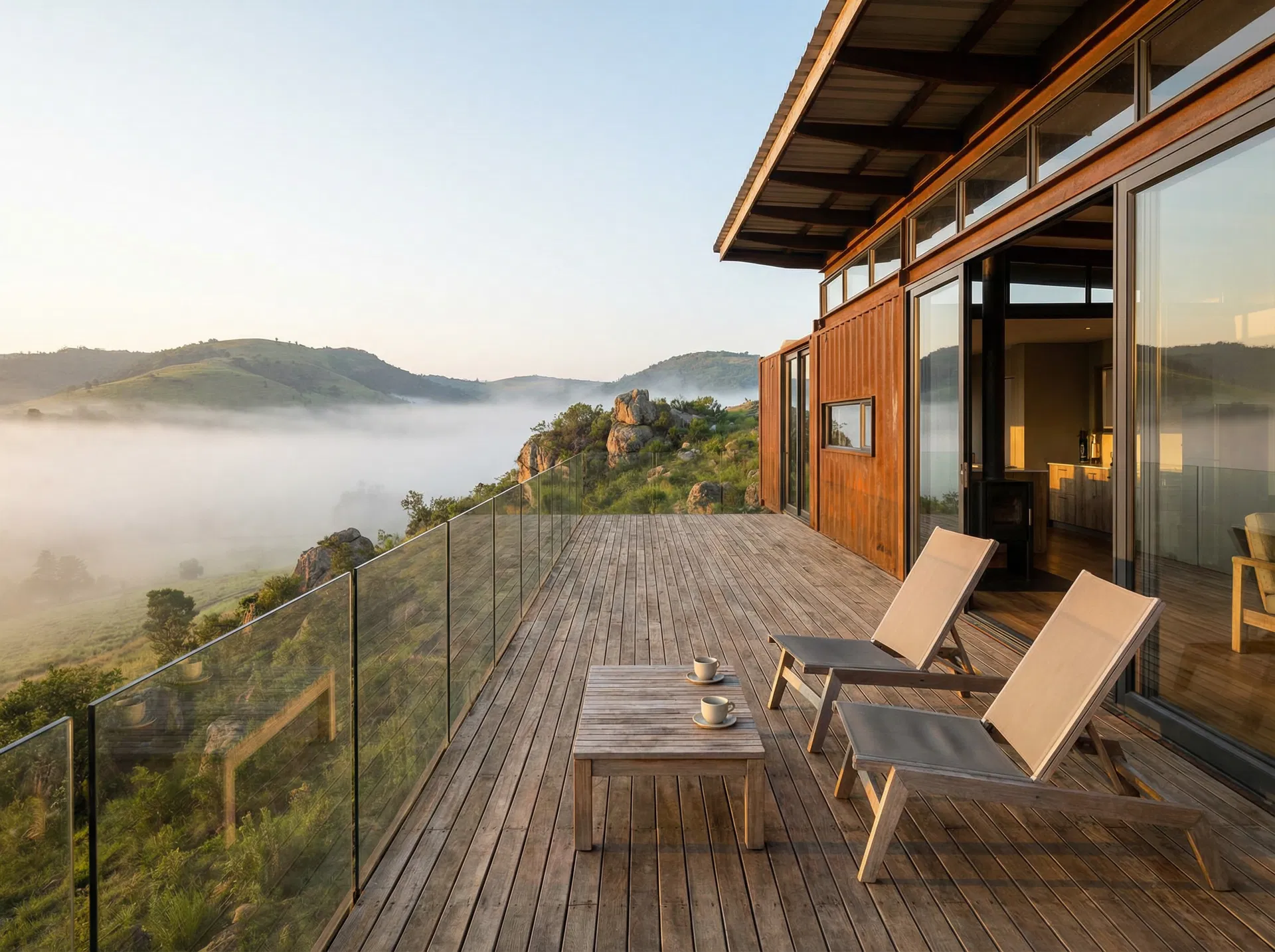 Timber deck overlooking misty Eswatini mountain valley