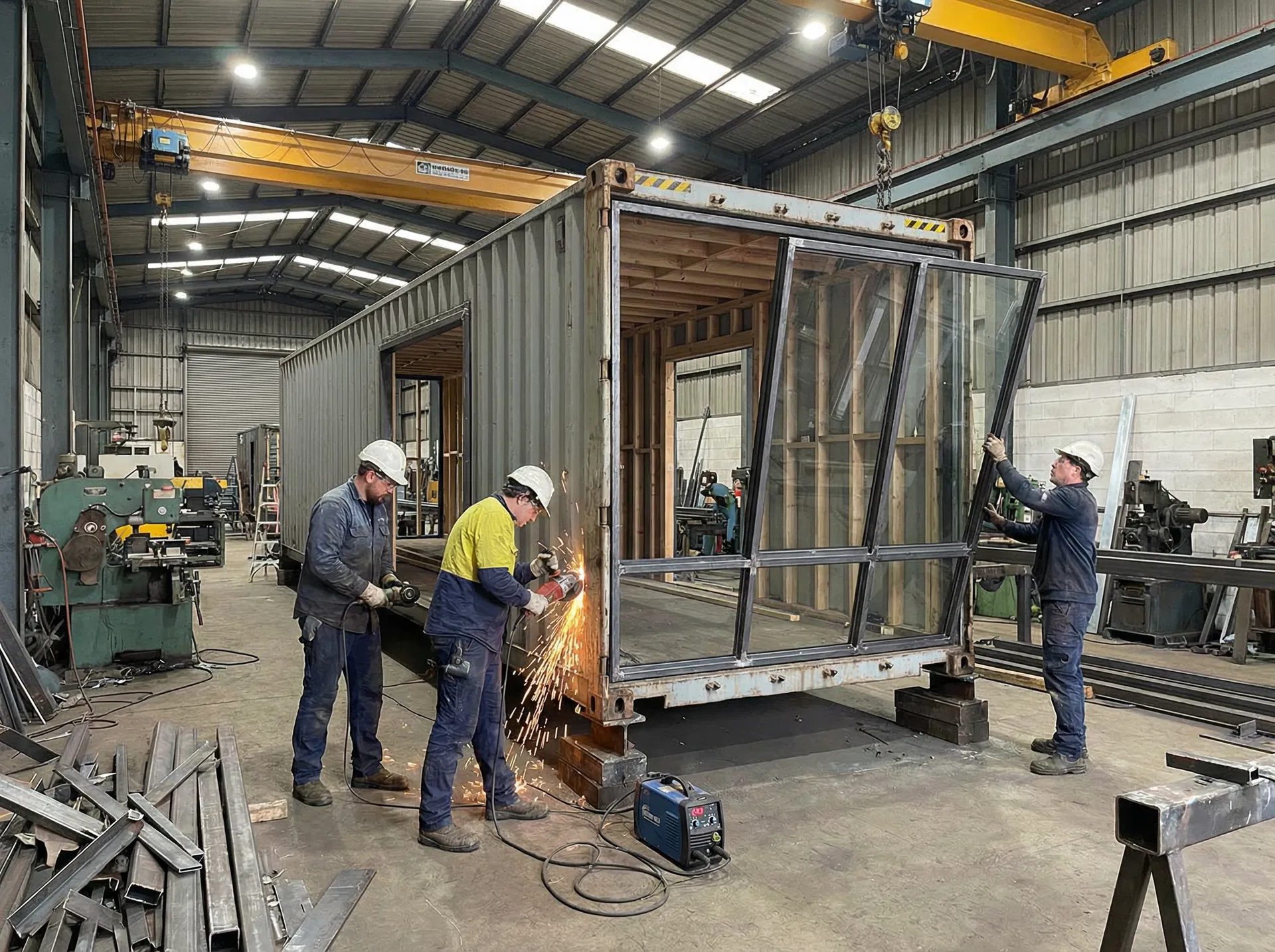 Workers fabricating a container home in the workshop