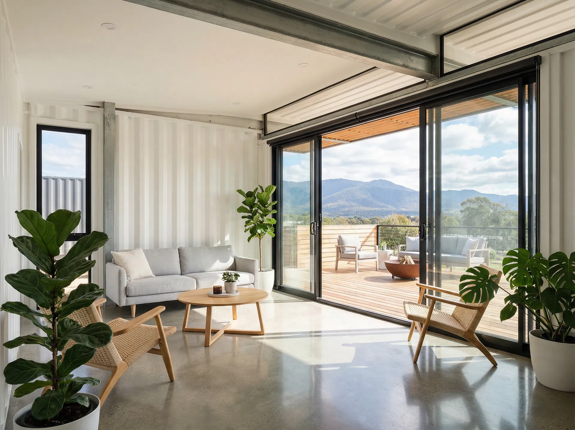 Open-plan living room with sliding glass doors and mountain view