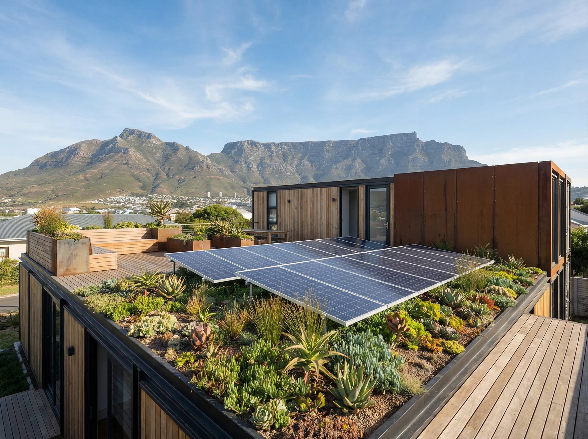 Solar panels and green living roof on container home