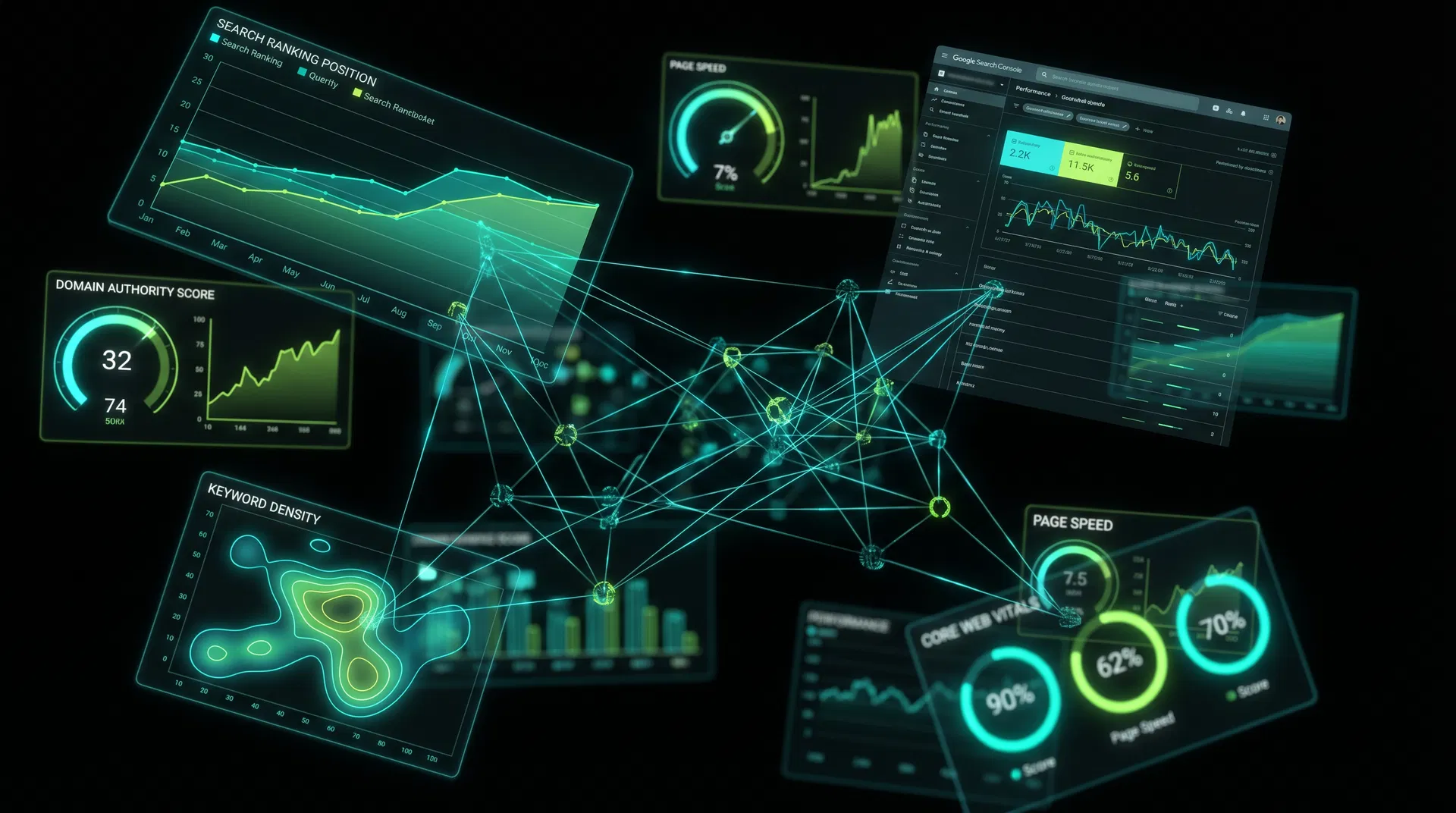 SEO and AI data visualisation — abstract dark background with neural network nodes and search ranking charts