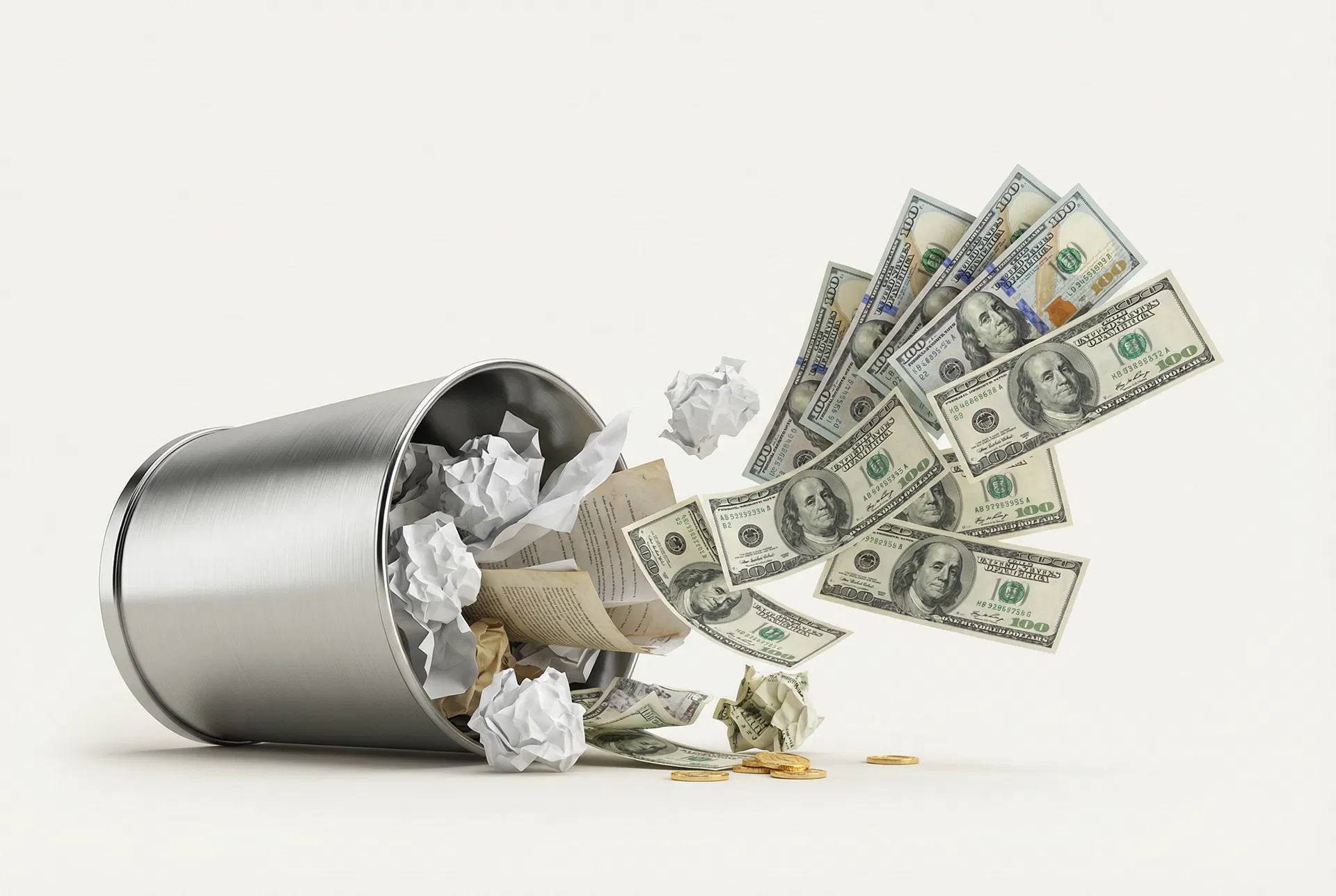 Trash can tipped over with crumpled papers transforming into hundred dollar bills — representing dead leads becoming cash