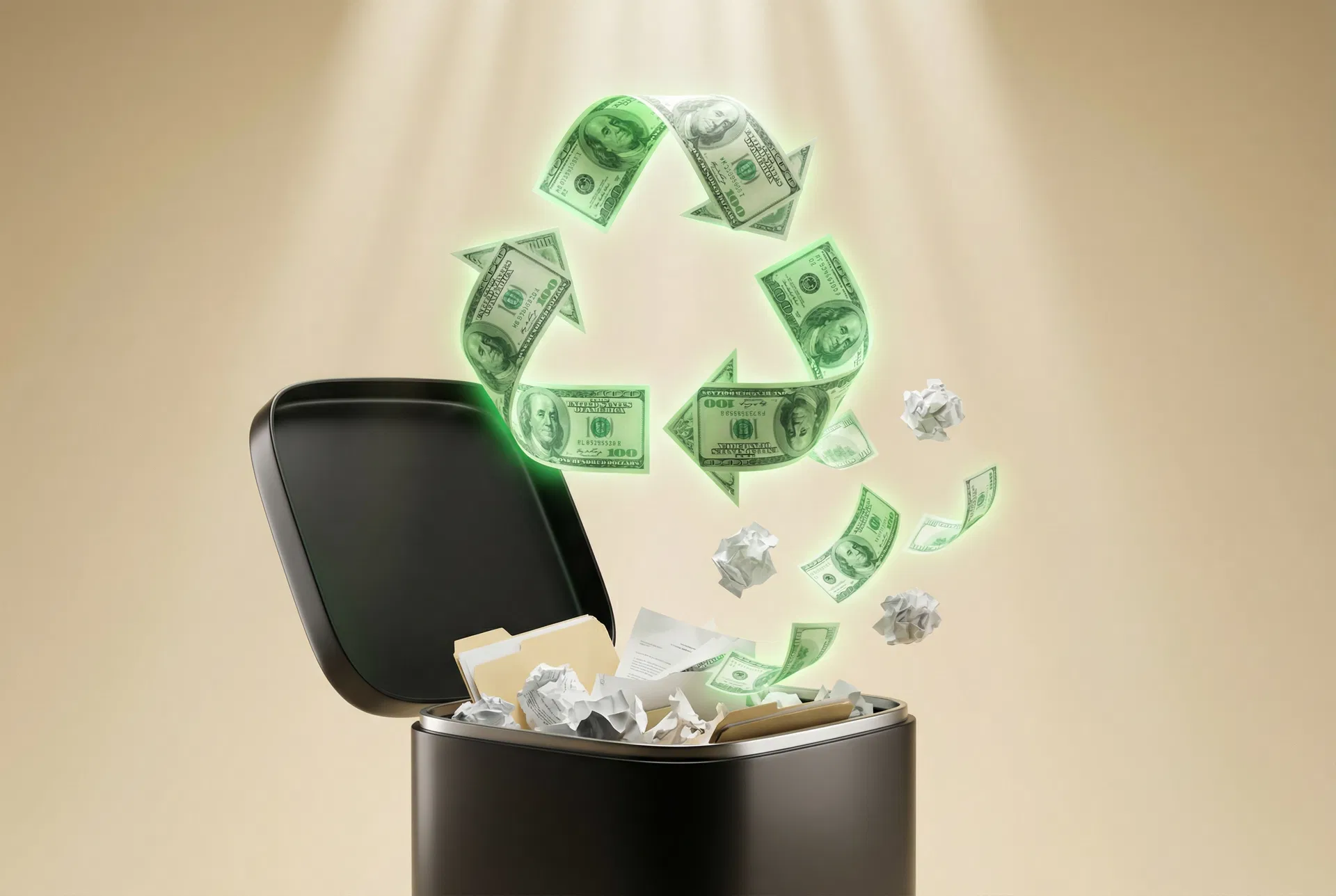 Recycling symbol made of dollar bills floating above a trash bin full of crumpled papers — representing lead recycling into revenue