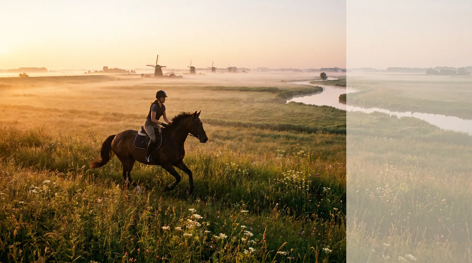 Ruiter op paard in Nederlandse polder
