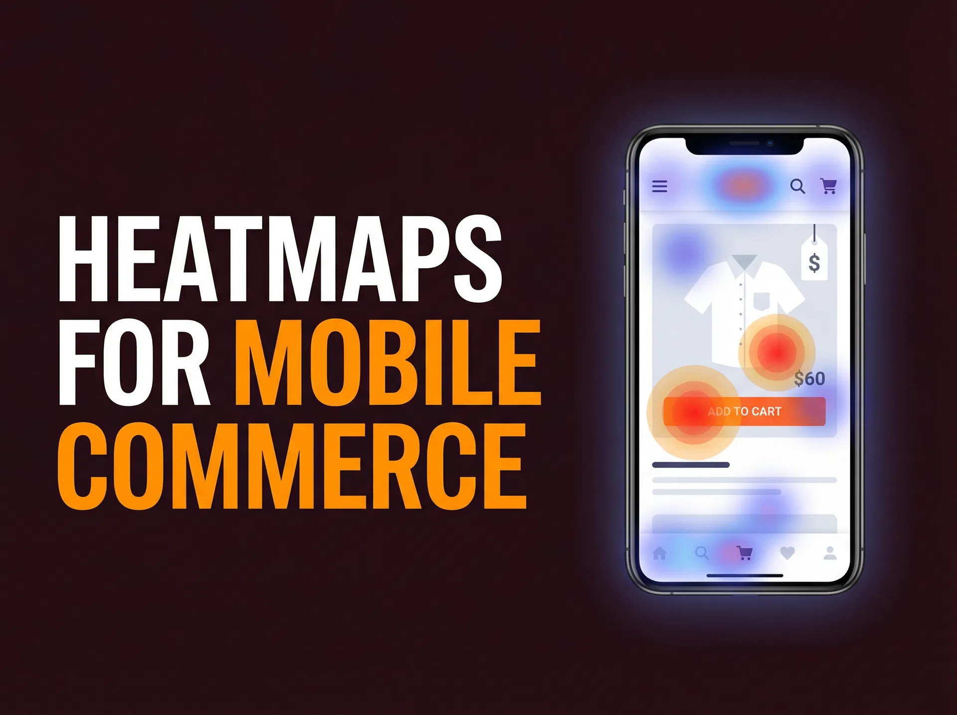 Mobile phone displaying an ecommerce product page with tap heatmap hotspots on the add-to-cart button